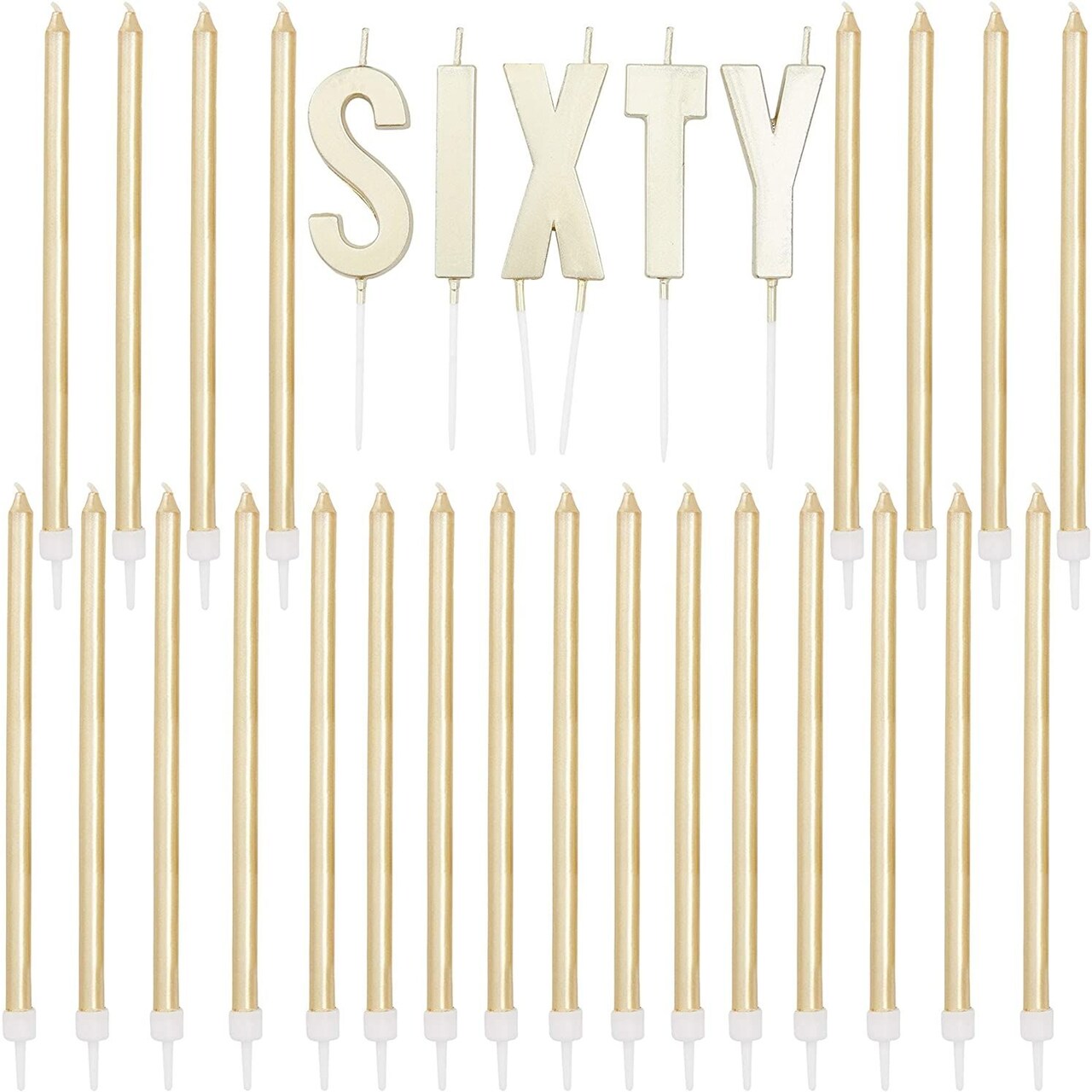 Sixty 60th Birthday Cake Topper with Thin Candles in Holders (Gold, 29 Pack)